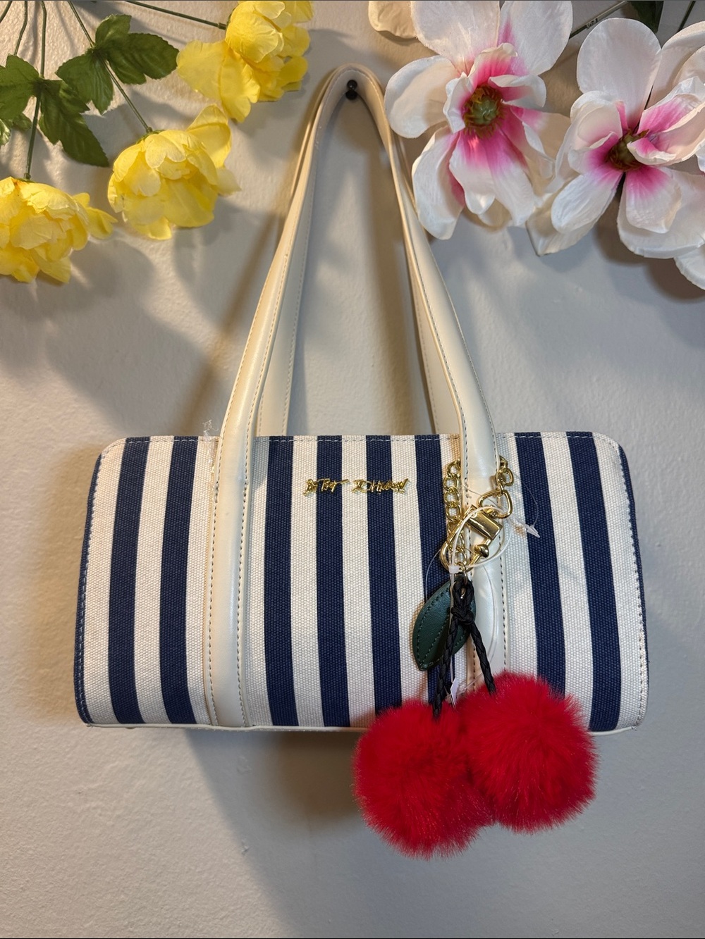 Betsey Johnson Navy & White Striped Shoulder Bag with Red Pom Pom Charm